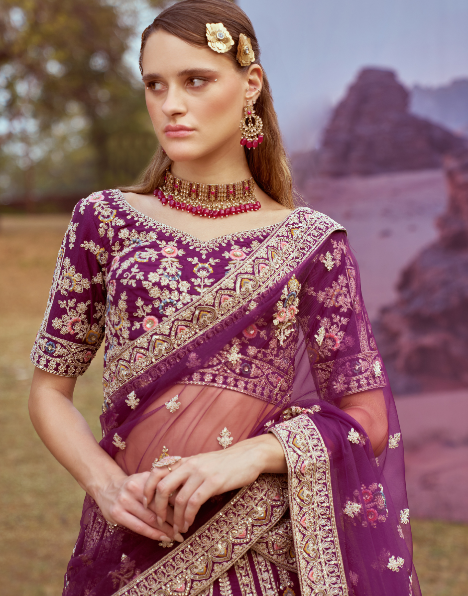 Purple Pure Silk Moti & Coding Embroidery Bridal Lehenga Choli with Dupatta Exquisite Wedding Wear