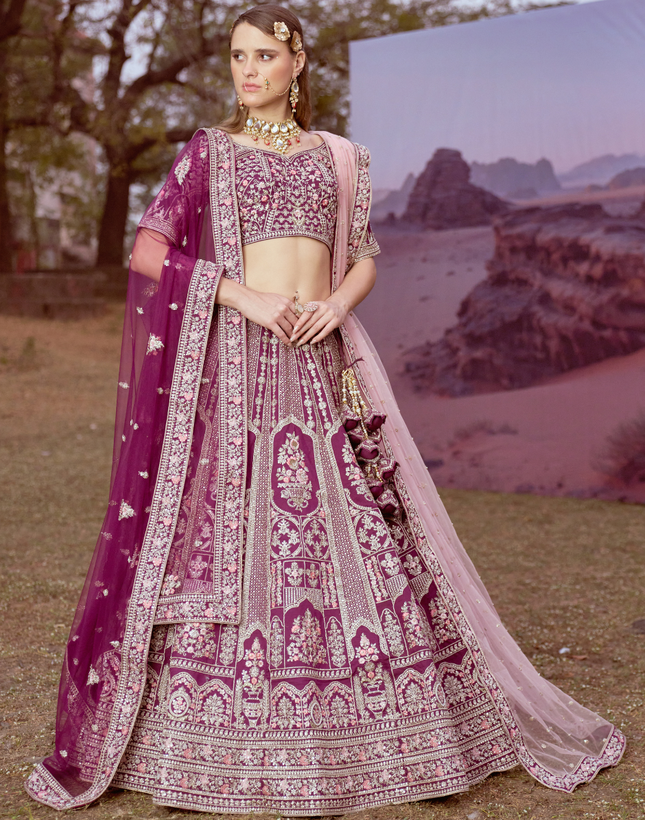 Purple Pure Silk Moti & Sequins Embroidery Bridal Lehenga Choli with Dupatta Elegant Wedding Wear
