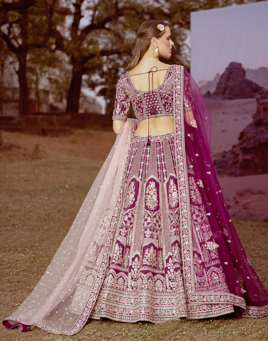 Purple Pure Silk Moti & Sequins Embroidery Bridal Lehenga Choli with Dupatta Elegant Wedding Wear
