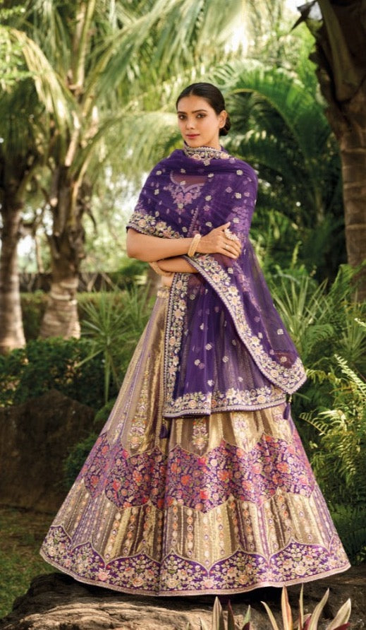 Purple and Golden Banarasi Silk Lehenga