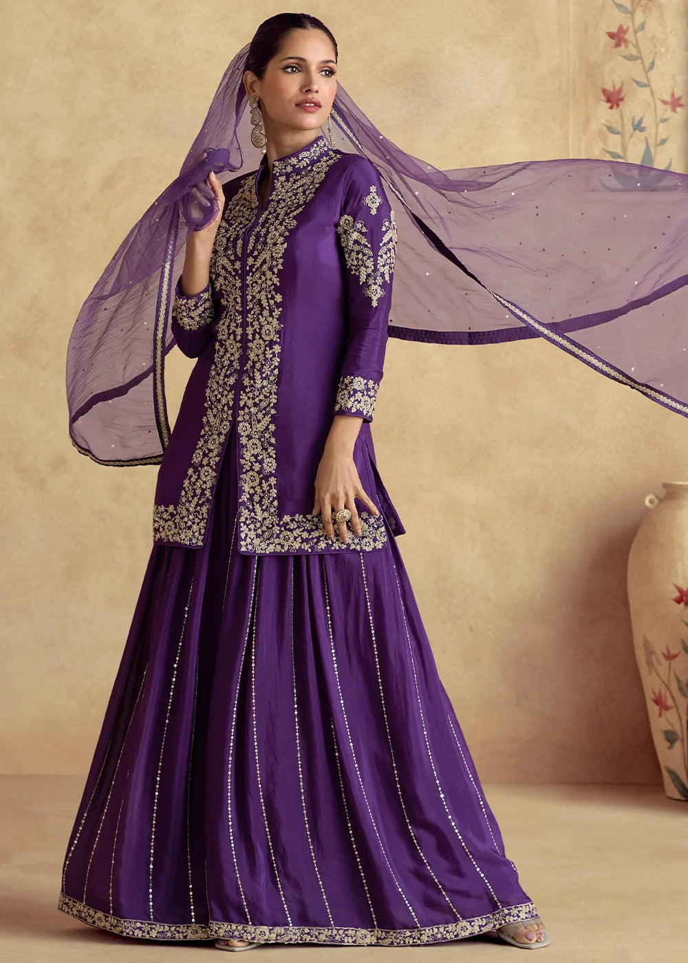 Purple Sharara Suit for Mother of Bride - Rent