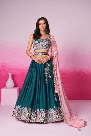 Exquisite Teal Pure Georgette Lehenga Choli with Sequins  - Rent Now