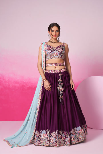 Burgundy Georgette Lehenga Choli with Intricate Sequins  - Rent