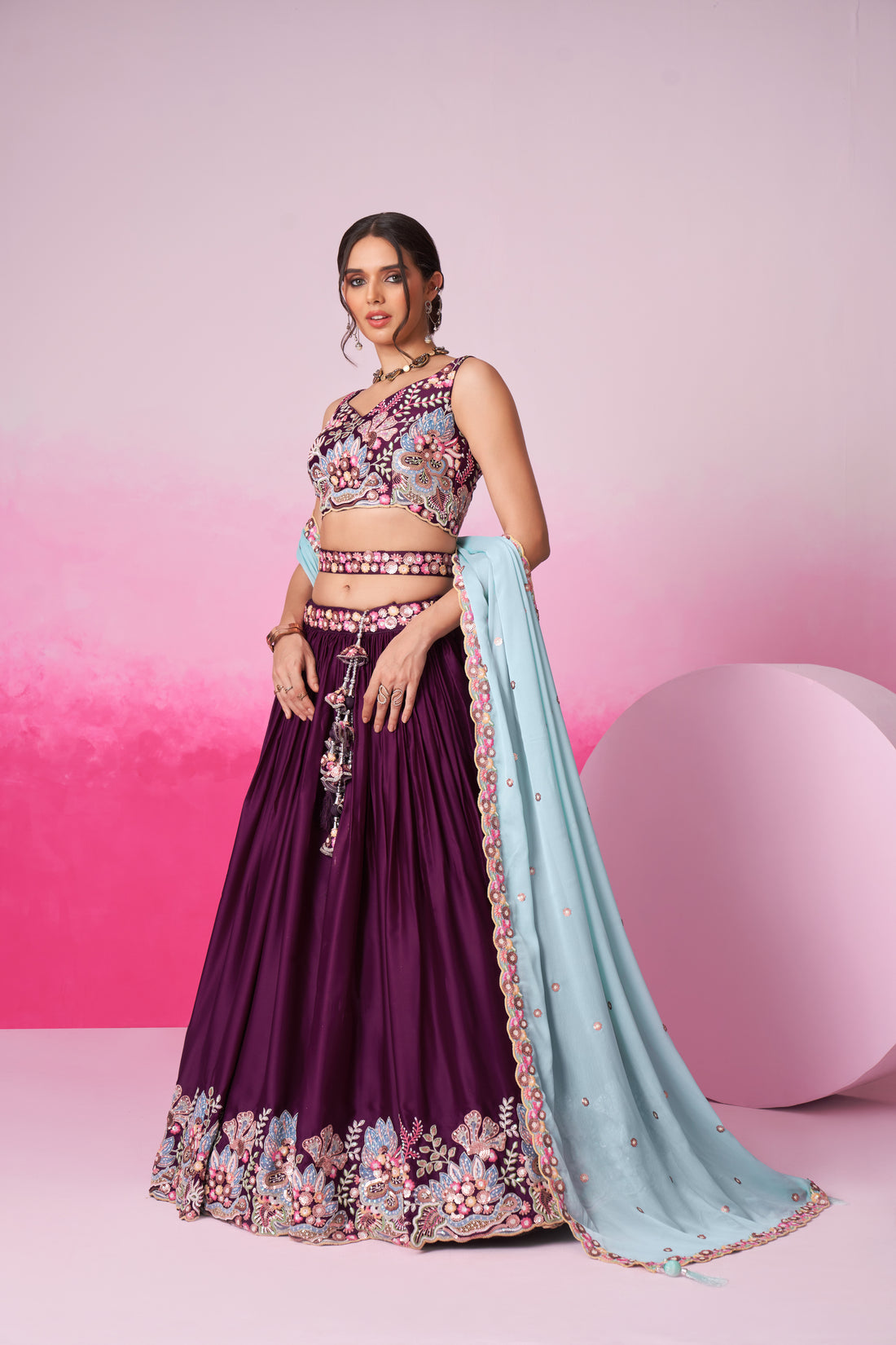 Burgundy Georgette Lehenga Choli with Intricate Sequins  - Rent