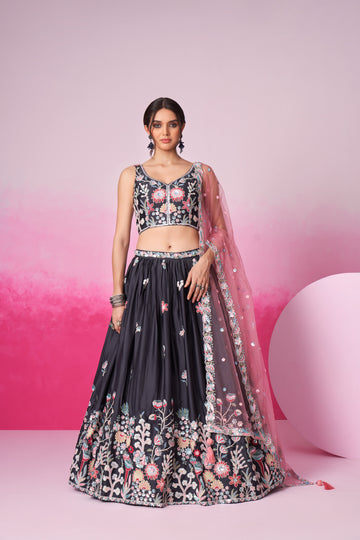 Grey Pure Georgette Sequins And Thread Embroidery Lehenga Choli & Dupatta - Rent