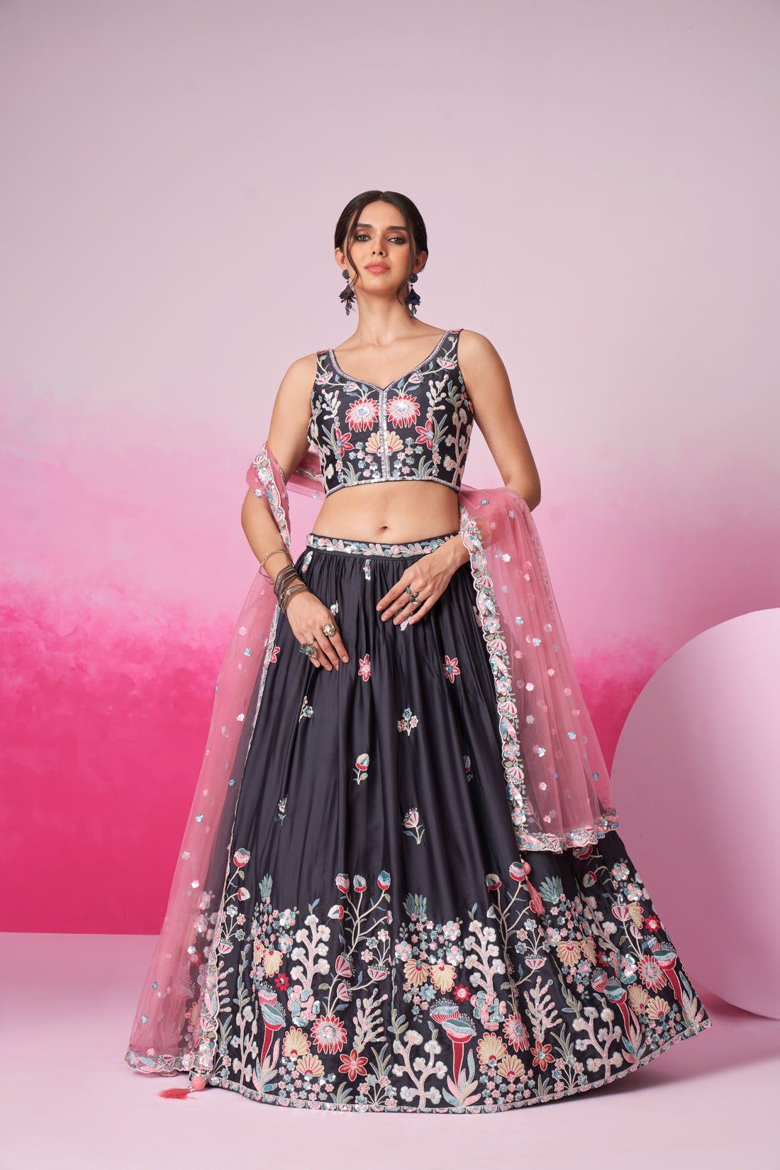 Grey Pure Georgette Sequins And Thread Embroidery Lehenga Choli & Dupatta - Rent