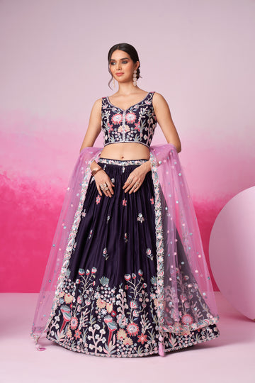 Exquisite Purple Pure Georgette Lehenga Choli with Sequins  - Rent Now