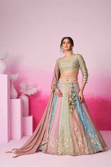 Stylish  LimeGreen  Georgette Lehenga Choli with Sequins - Rent