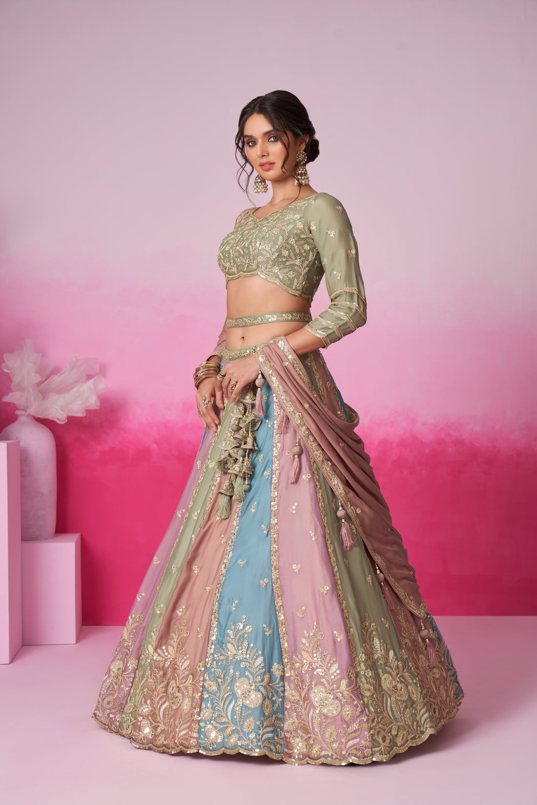 Stylish  LimeGreen  Georgette Lehenga Choli with Sequins - Rent