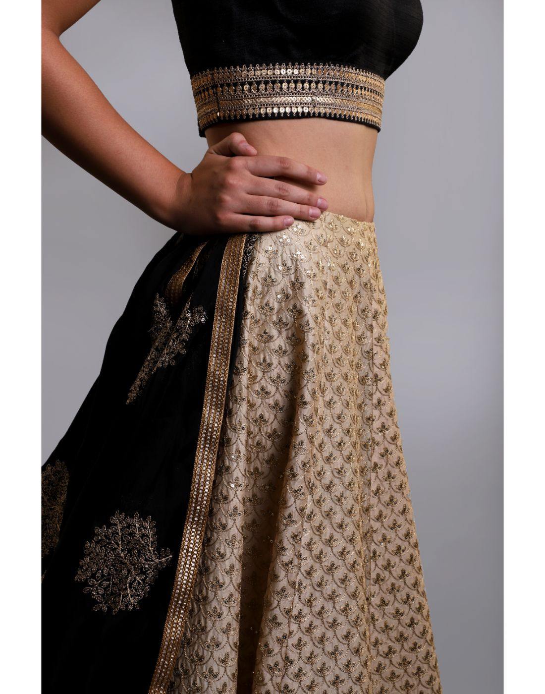 Buy Black Silk Bridesmaid Wedding Lehenga Skirt With Golden Zari Border and  Geometric Pattern Black & Gold Crop Top Blouse and Black Net Dupatta Online  in India - Etsy