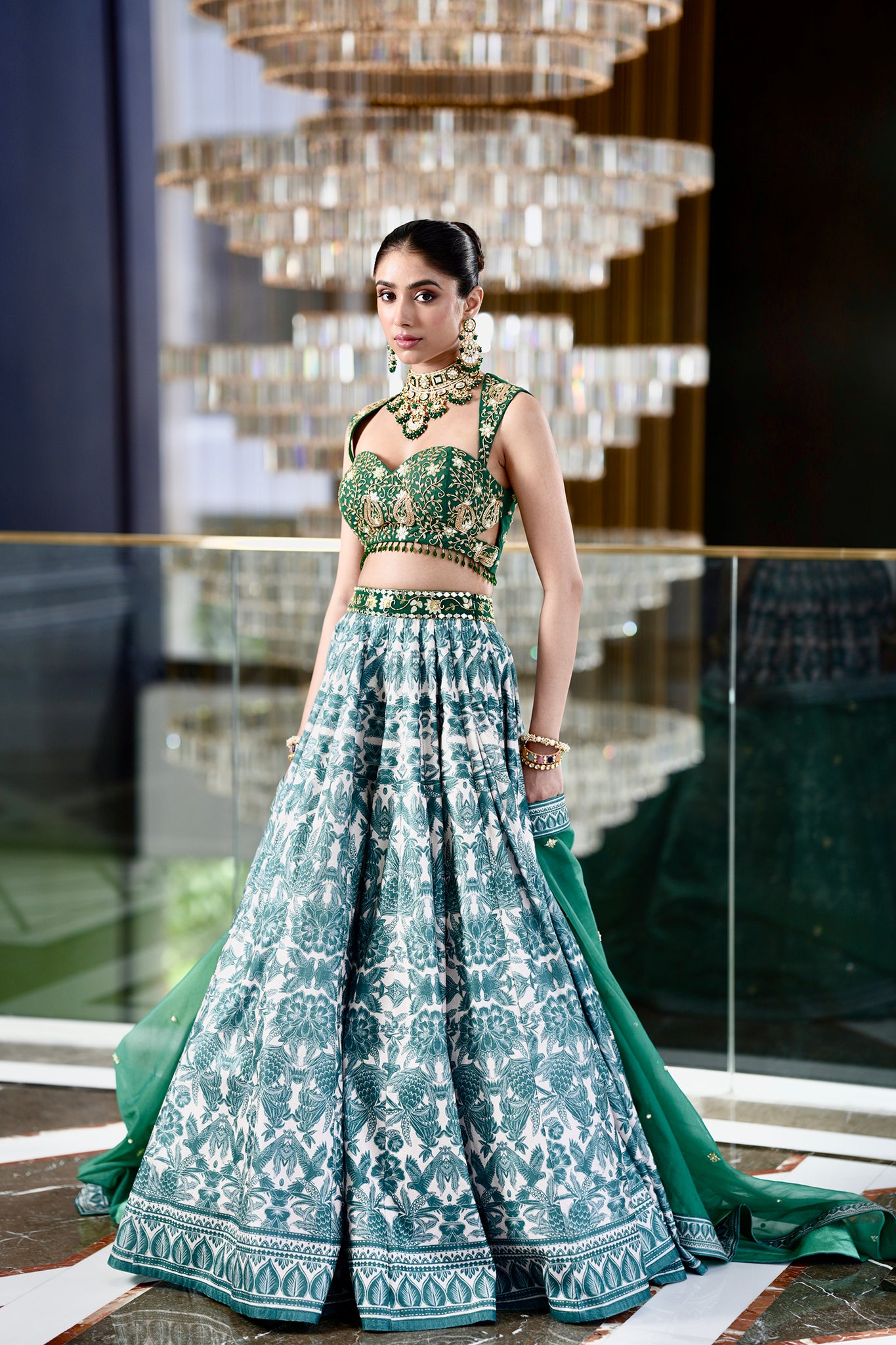 Rashika Sharma's Dark Green Printed Velvet ALVIRA Lehenga with hand embroidered blouse - Rent