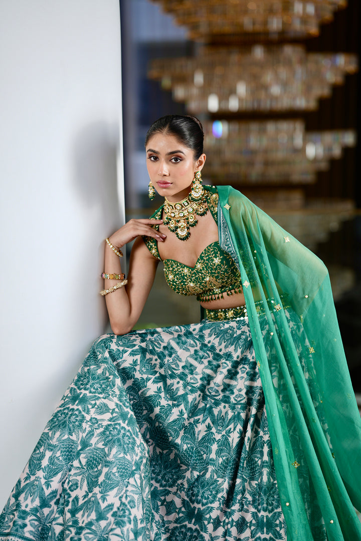 Rashika Sharma's Dark Green Printed Velvet ALVIRA Lehenga with hand embroidered blouse - Rent