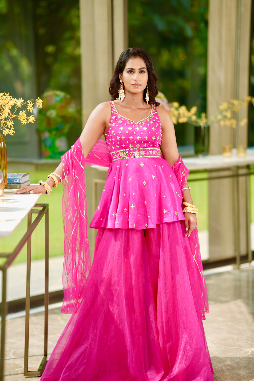 Rashika Sharma's Pink Nyasa Silk peplum kurta with organza gharara RAYA set - Rent
