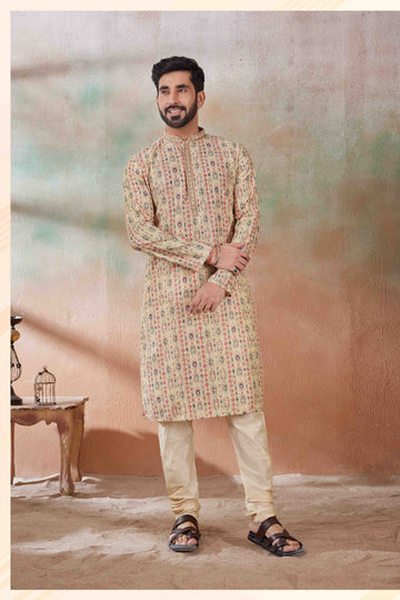 Beige Embroidered Printed Sequins Kurta Pyjama for Guest - RENT