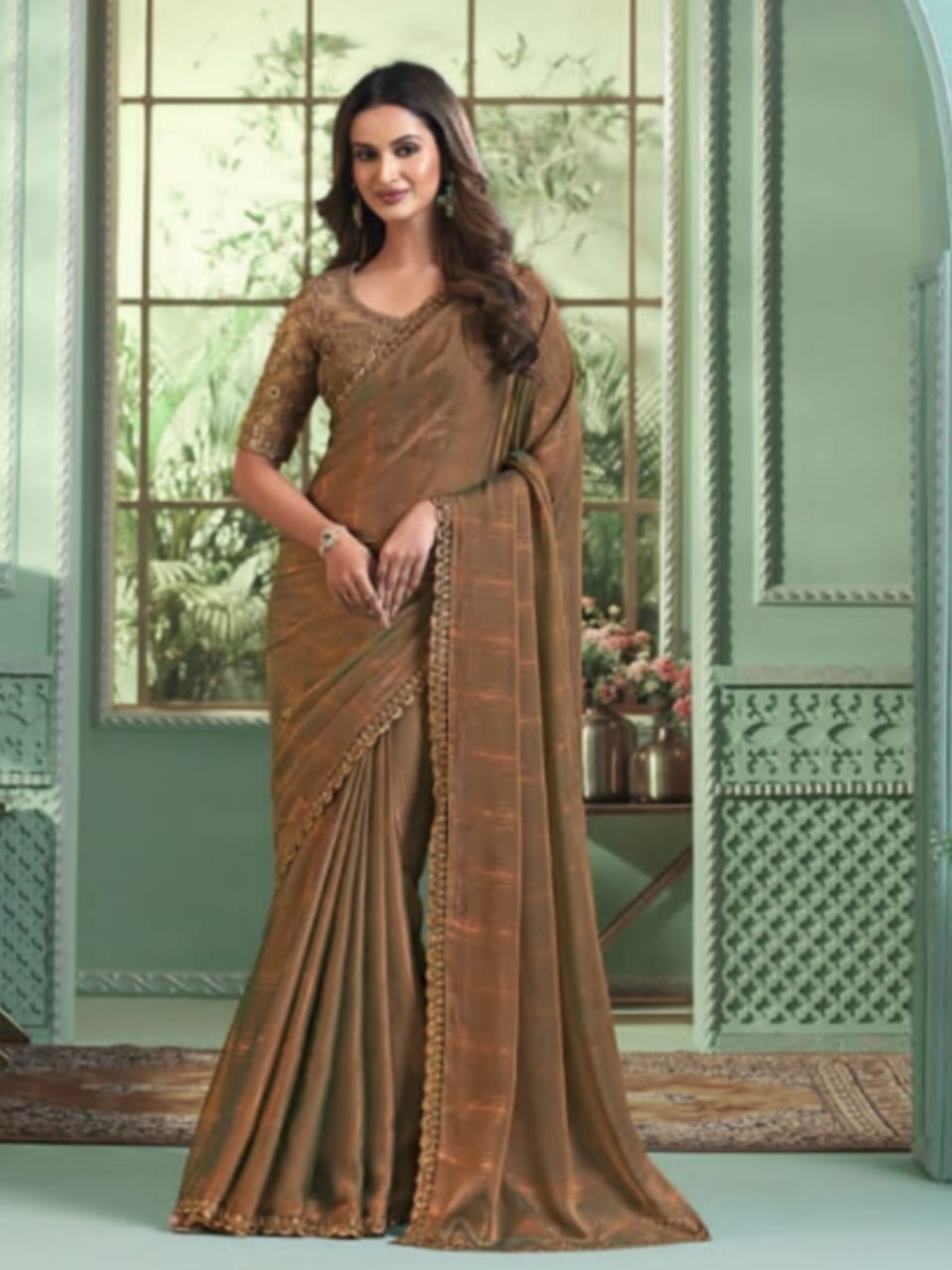 Radiant Elegance Golden Georgette Silk Saree - Rent
