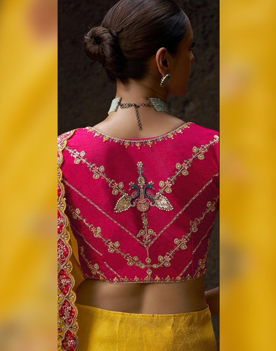 Radiant Elegance with Subtle Craftsmanship Yellow Self-Design Embroidered Viscose Tissue Saree