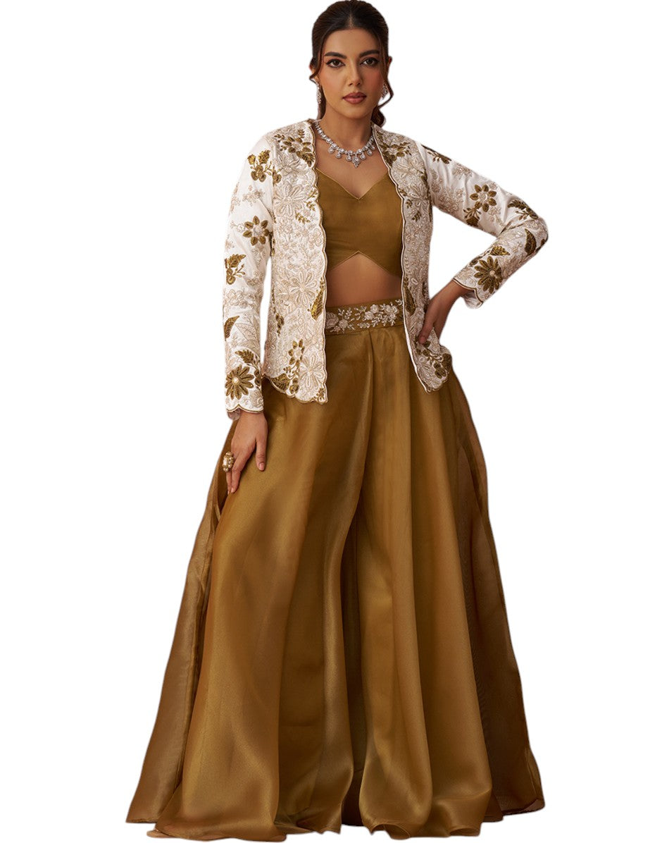 Radiant Golden Mustard Tissue Floral Embroidered Crop Top with Jacket & Palazzo Set