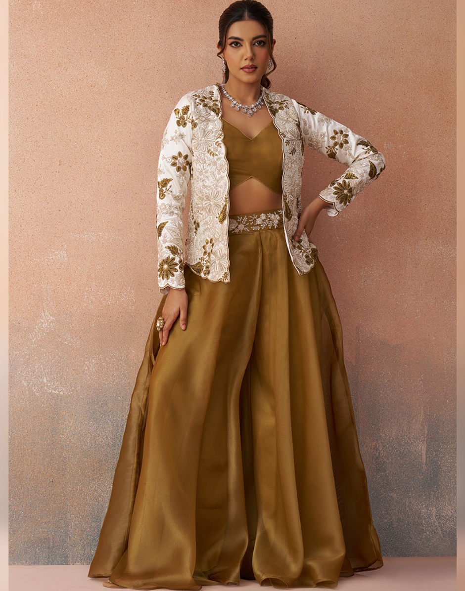Radiant Golden Mustard Tissue Floral Embroidered Crop Top with Jacket & Palazzo Set