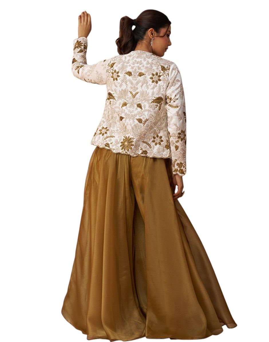 Radiant Golden Mustard Tissue Floral Embroidered Crop Top with Jacket & Palazzo Set