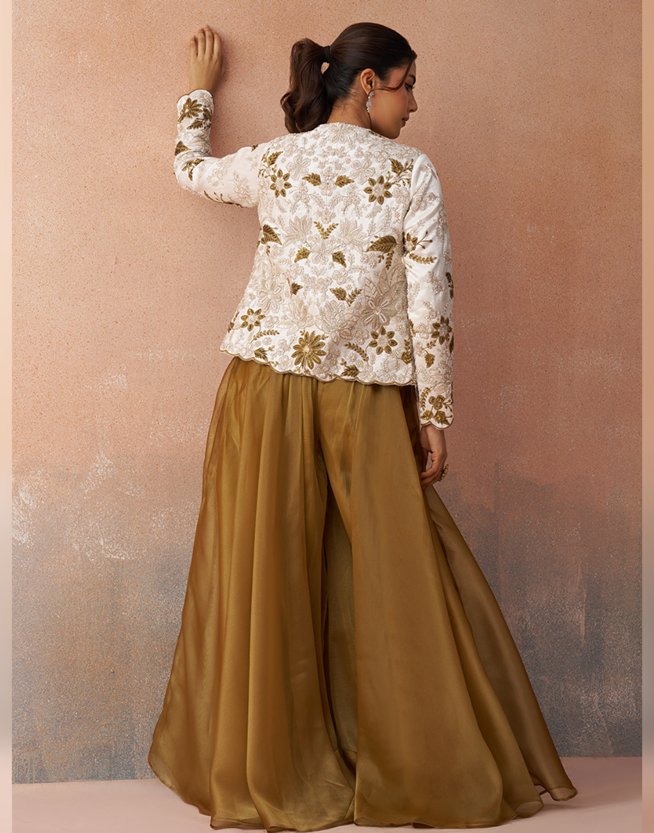 Radiant Golden Mustard Tissue Floral Embroidered Crop Top with Jacket & Palazzo Set