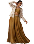 Radiant Golden Mustard Tissue Floral Embroidered Crop Top with Jacket & Palazzo Set_2