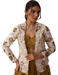 Radiant Golden Mustard Tissue Floral Embroidered Crop Top with Jacket & Palazzo Set_3