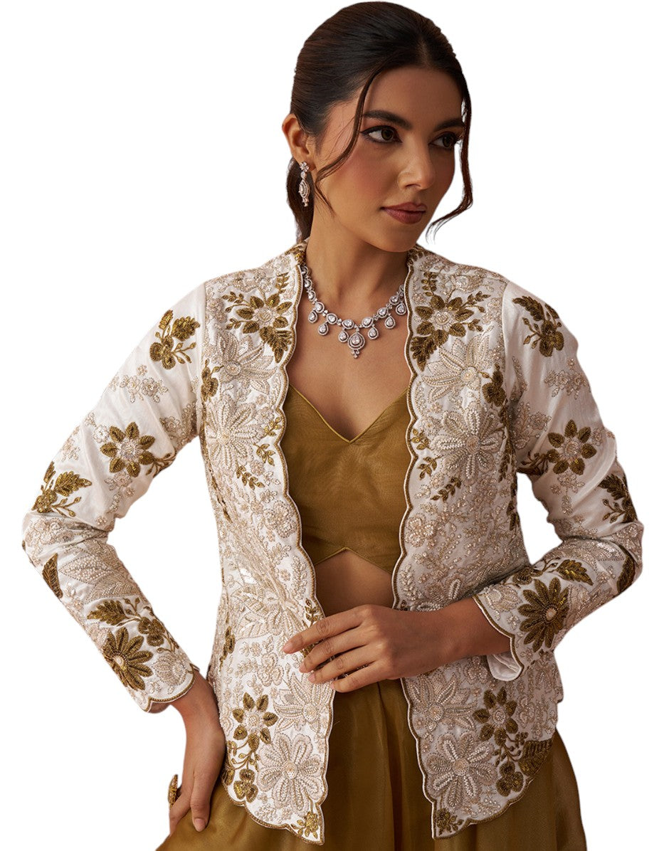 Radiant Golden Mustard Tissue Floral Embroidered Crop Top with Jacket & Palazzo Set_3