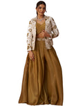 Radiant Golden Mustard Tissue Floral Embroidered Crop Top with Jacket & Palazzo Set_4