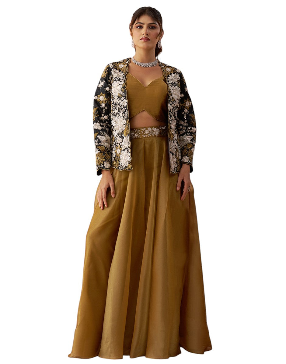 Radiant Golden Mustard Tissue Floral Embroidered Crop Top with Jacket & Palazzo Set_5