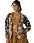 Radiant Golden Mustard Tissue Floral Embroidered Crop Top with Jacket & Palazzo Set_6