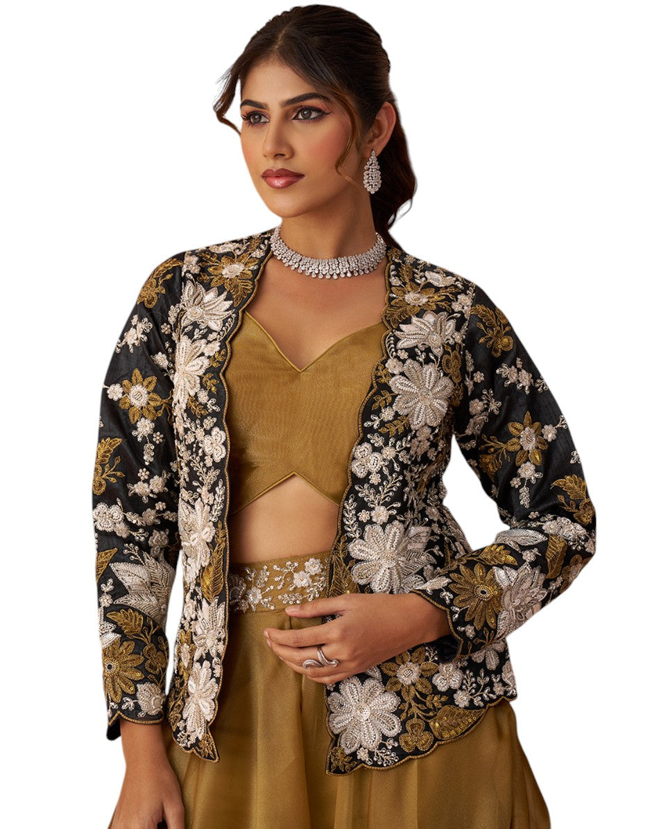 Radiant Golden Mustard Tissue Floral Embroidered Crop Top with Jacket & Palazzo Set_6