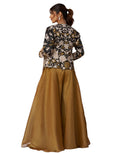 Radiant Golden Mustard Tissue Floral Embroidered Crop Top with Jacket & Palazzo Set_7