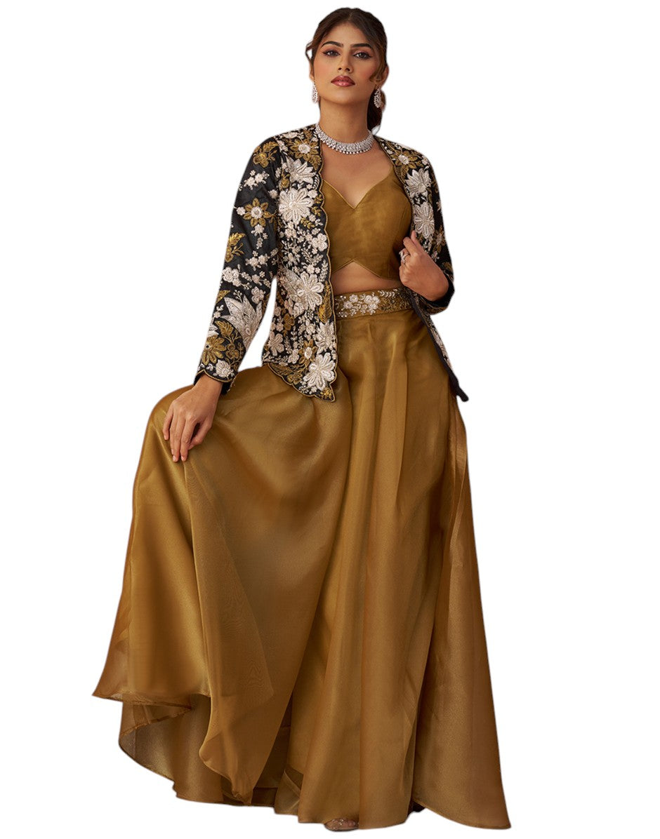 Radiant Golden Mustard Tissue Floral Embroidered Crop Top with Jacket & Palazzo Set_9
