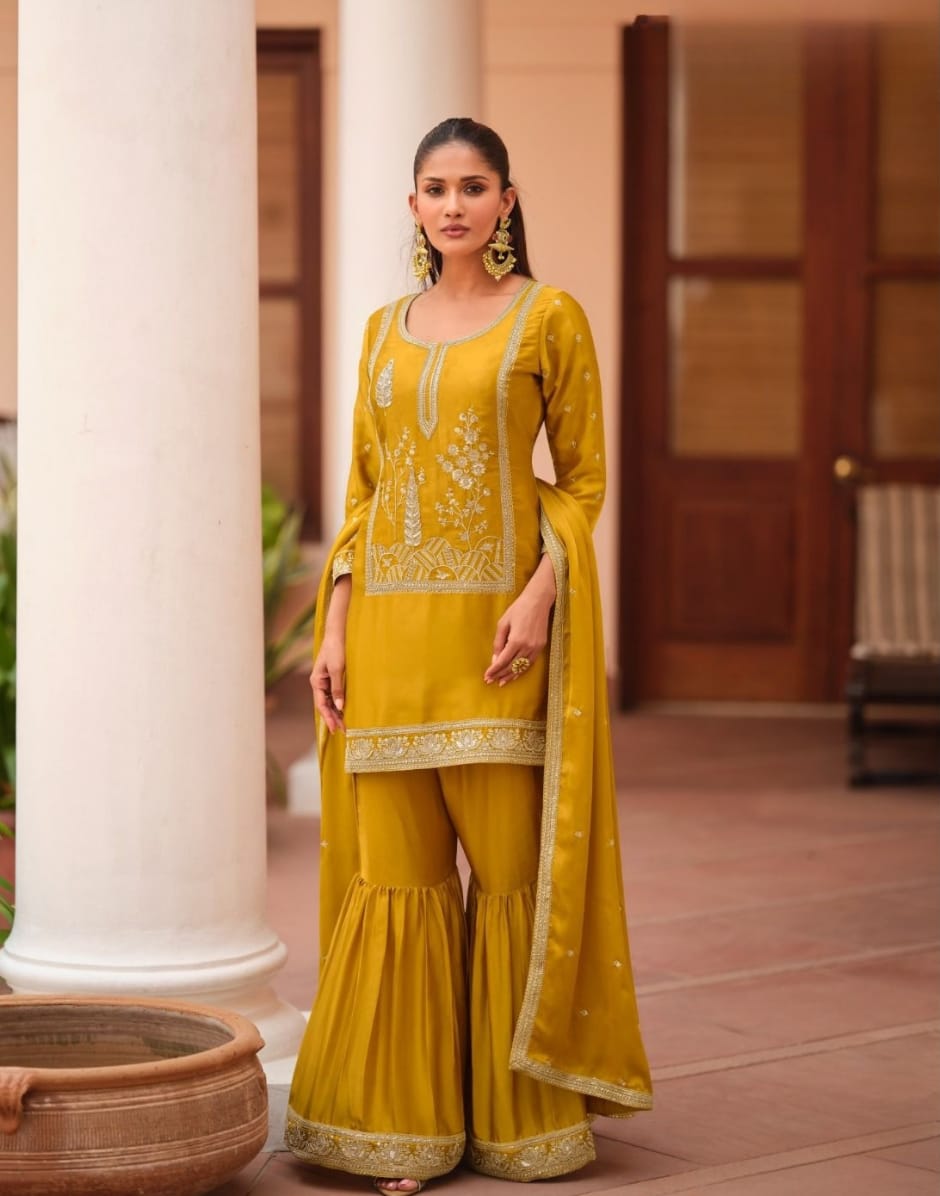 Radiant Mustard Satin Embroidered Sharara and Dupatta Set Chic Traditional Wear for Celebrations