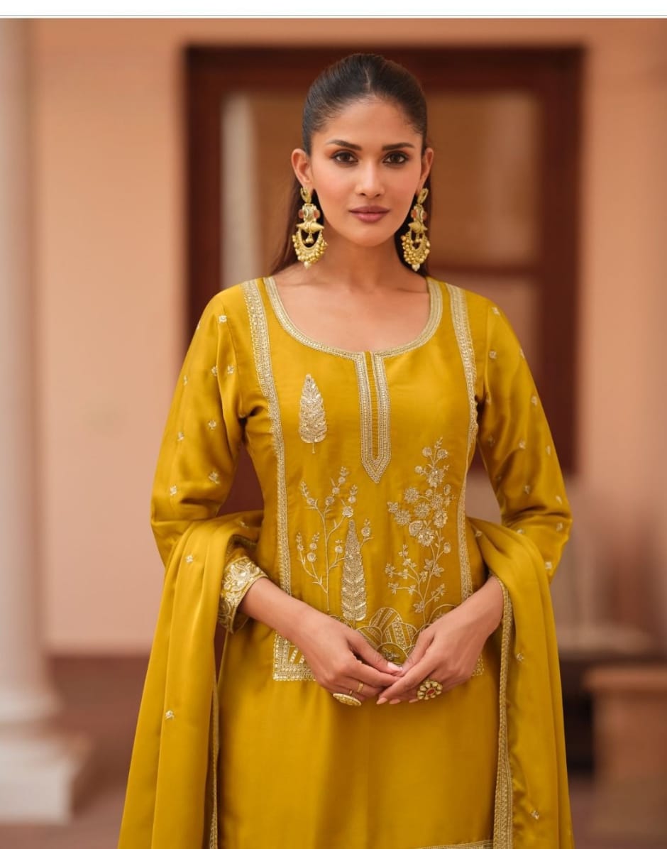 Radiant Mustard Satin Embroidered Sharara and Dupatta Set Chic Traditional Wear for Celebrations