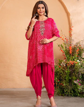 Radiant Reflection Mirror Embroidery Pure Dola Silk Kaftan Kurti with Tulip Pants