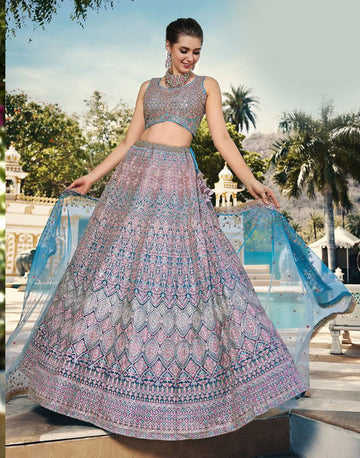 Radiant Teal Sequins Embroidered Lehenga, Blouse & Dupatta