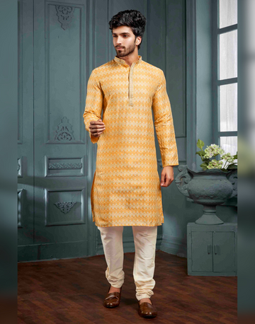 Radiant Yellow Self Woven Art Silk Kurta Set Classic Style with a Modern Twist