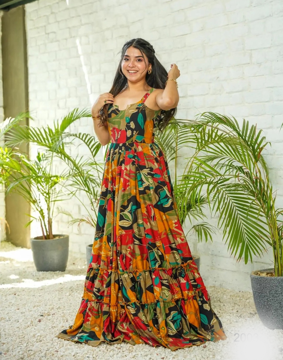 Rainbow Radiance Multicolour Digital Print Rayon Gown with Ethnic Flair