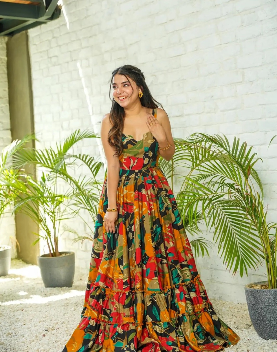 Rainbow Radiance Multicolour Digital Print Rayon Gown with Ethnic Flair