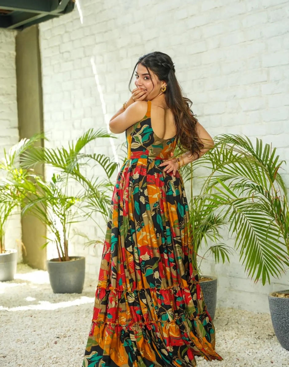 Rainbow Radiance Multicolour Digital Print Rayon Gown with Ethnic Flair_2