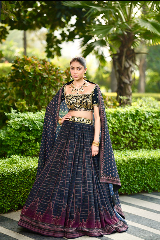 Rashika Sharma's Dark Blue Chiffon Printed Jahaan Lehenga set - Rent