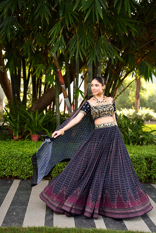 Rashika Sharma's Dark Blue Chiffon Printed Jahaan Lehenga set - Rent