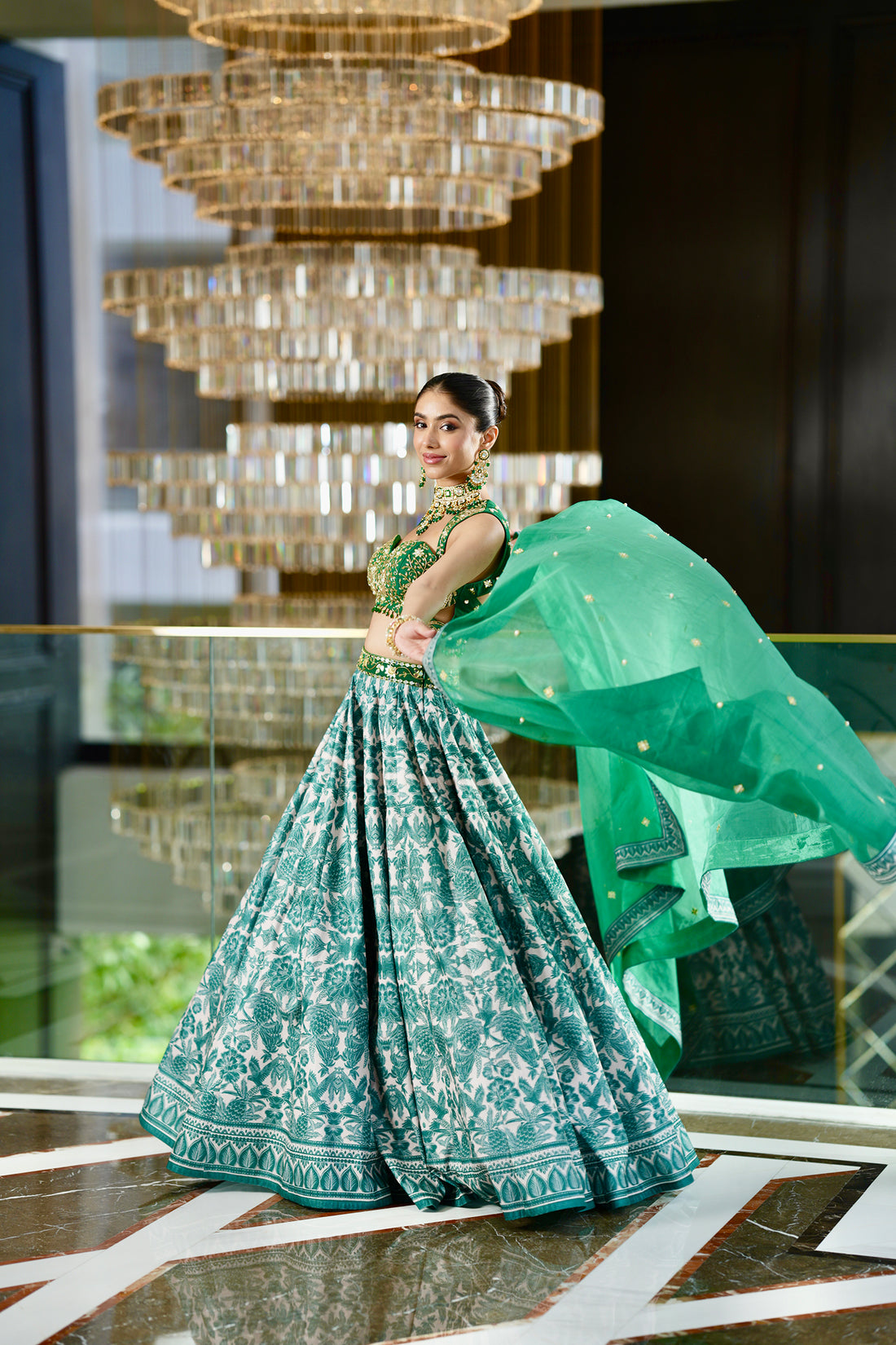 Rashika Sharma's Dark Green Printed Velvet ALVIRA Lehenga with hand embroidered blouse - Rent