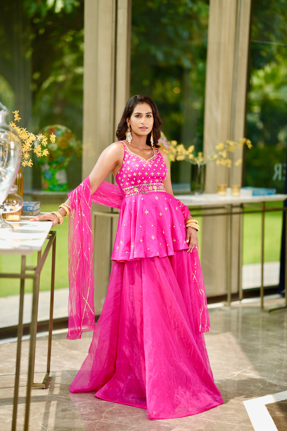 Rashika Sharma's Pink Nyasa Silk peplum kurta with organza gharara RAYA set - Rent