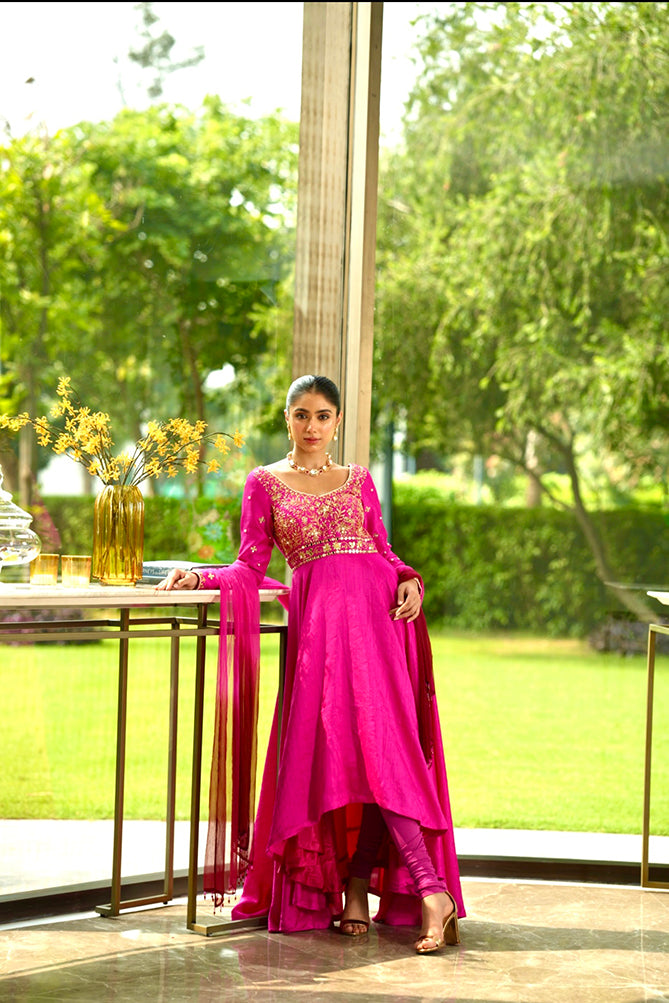 Rashika Sharma's Pink hand embroidered Nyasa silk asymmetrical MAHI anarkali - Rent