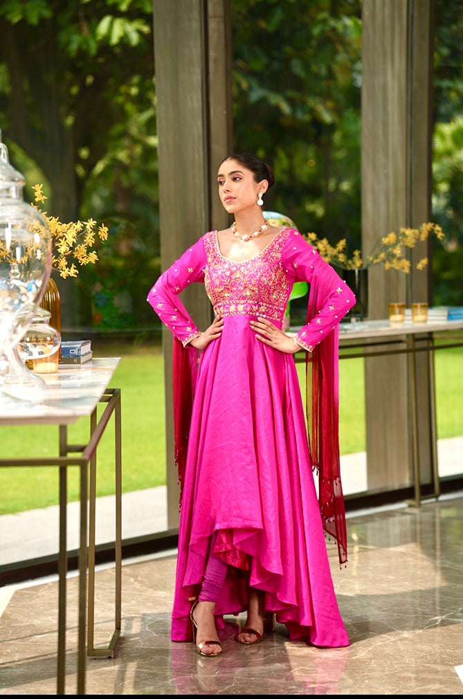 Rashika Sharma's Pink hand embroidered Nyasa silk asymmetrical MAHI anarkali - Rent