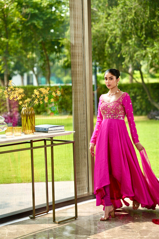 asymmetrical anarkali dress Bimba Pink Herringbone Geometric Indian Ethnic Wear For Women Printed Anarkali Kurti Asymmetrical Dress-Large