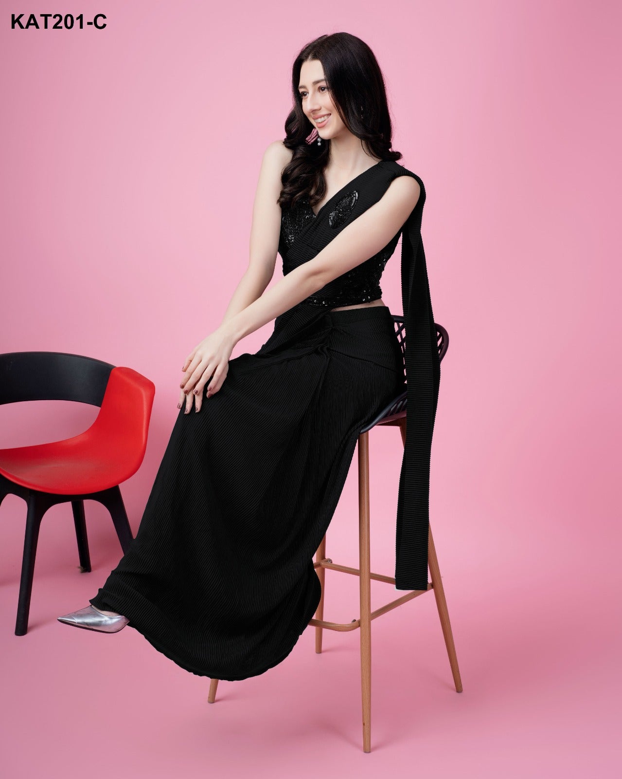Black Solid Nylon With Ready to Wear Saree