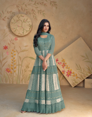 Real Georgette Front & Back Embroidered Gown Elegant Net Dupatta for Traditional Style